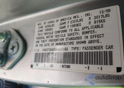 2009 Honda Accord 2.4 Lx-P из США, поврежденный, VIN 1HGCP26469A086664